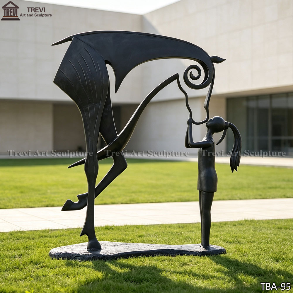 Abstract bronze Kiss horse sculpture styled in a modern minimalist living room