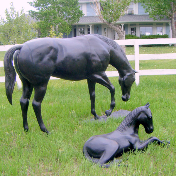 Pair of black grazing mother horse with little foal bronze statues for backyard outdoor